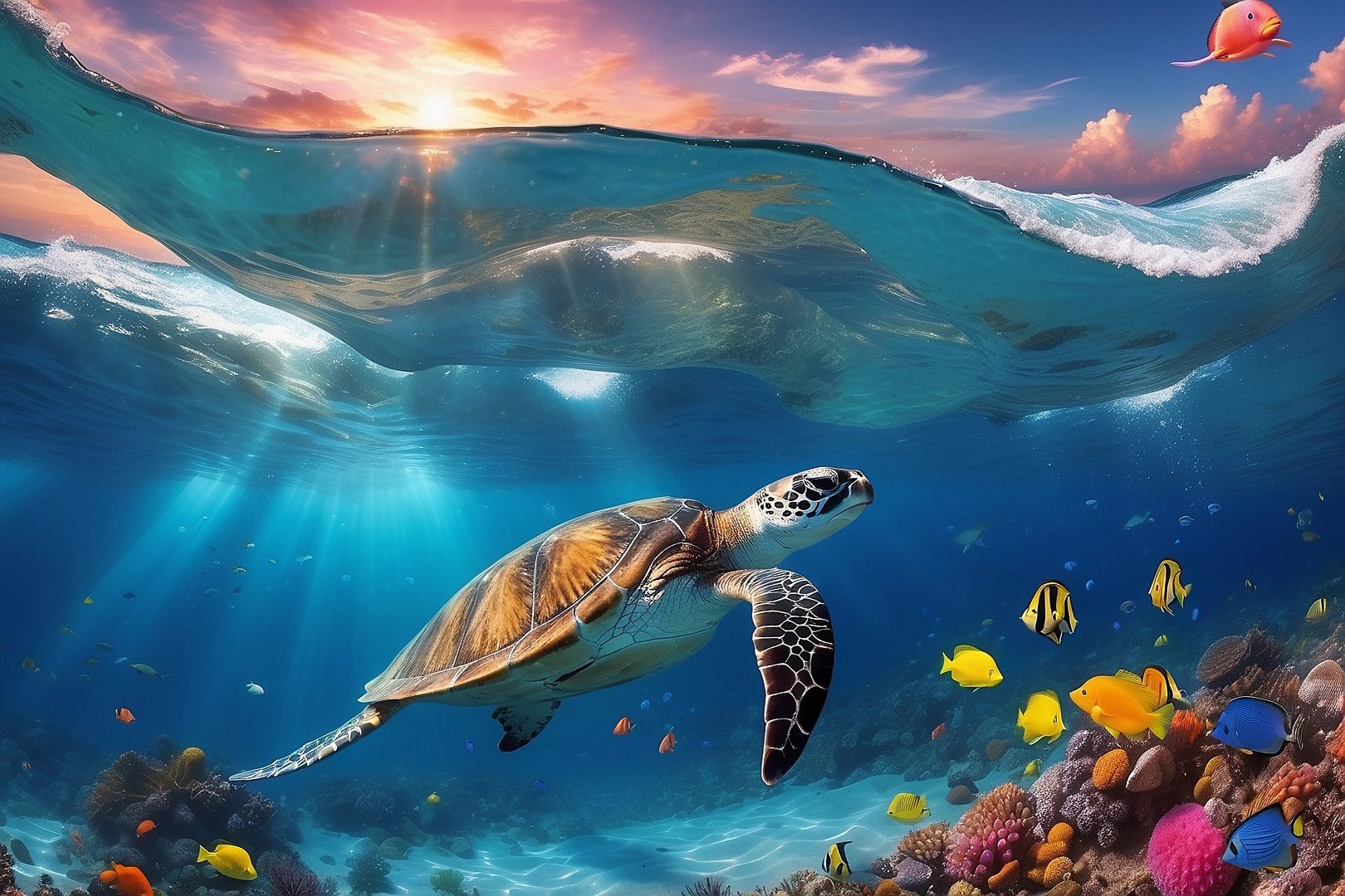 CHERIE POP Les mondes oceaniques tortue de mer et raie dansant autour des
